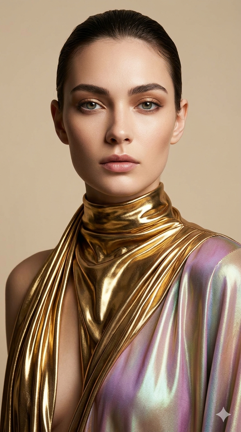 Cinematic close-up of a high-fashion portrait, face with intricate gold leaf makeup, dramatic lighting, 8k resolution, ultra-detailed textures, soul cinema style.