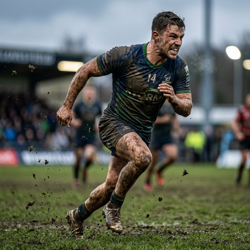 Intense hyper-realistic 8k close-up of a professional rugby player mid-sprint, mud and sweat splattered across face and jersey, grit in the teeth, muscles tensed, dramatic cinematic lighting.