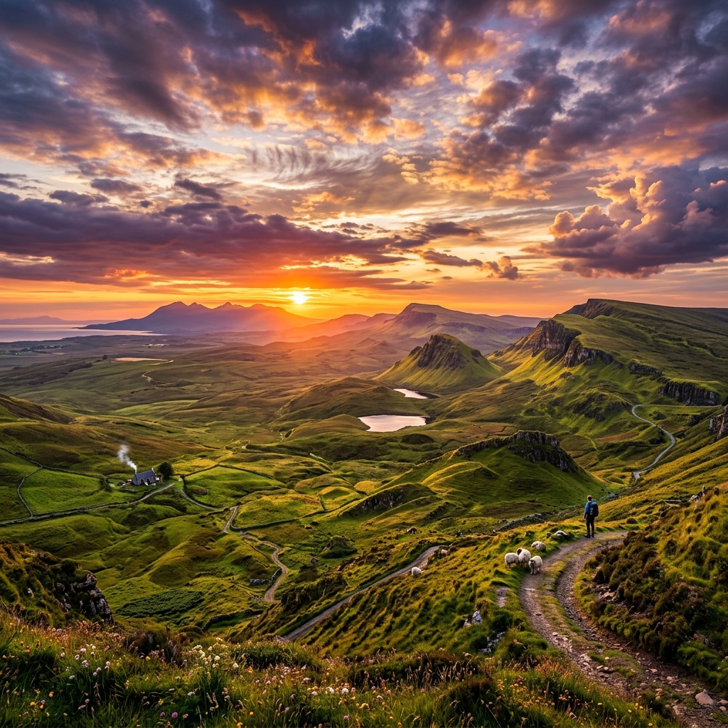 Breathtaking sunset over a mountain range, golden hour light, snow-capped peaks, cinematic vista, oil painting realism.