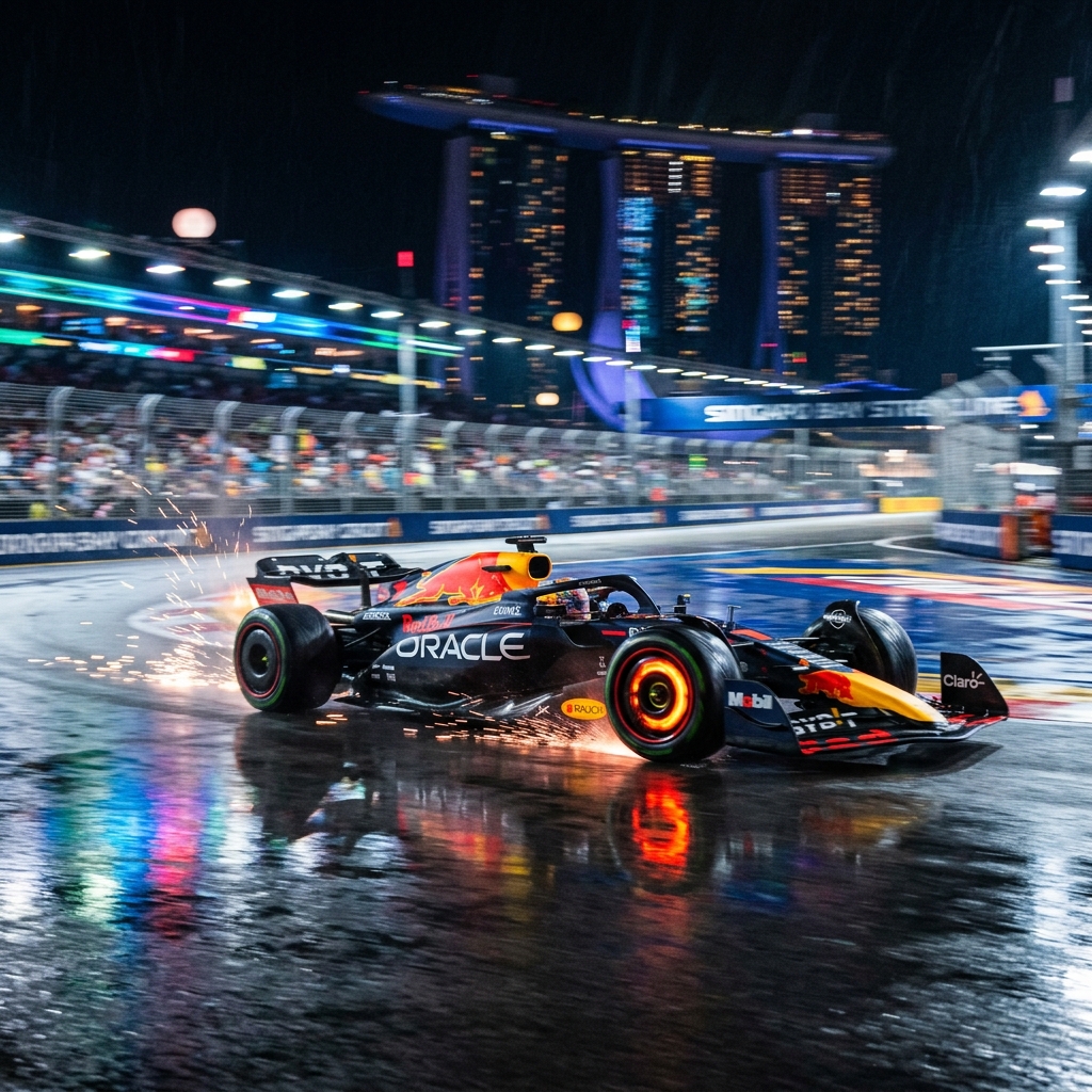 Ultra-realistic 8k cinematic shot of a high-speed Formula 1 car during a night race, intense motion blur, glowing carbon fiber brakes, sparks flying from the undercarriage.