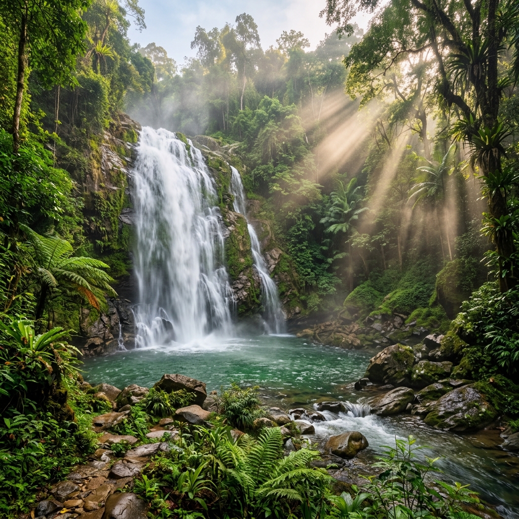 Tucked away hidden waterfall in a lush tropical jungle, misty air, diverse flora, sunlight filtering through leaves, long exposure water physics.